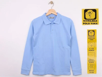 Toptan NZY İlkokul Boy Mavi Renk Kıvrılmaz Yaka Okul Polo Yaka Lakos Sweat  - Toptan Çocuk Giyim Beniz Kids