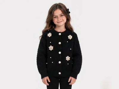 Toptan TOLGA KİDS İnci Detaylı Sakallı Triko Kumaş Kız Hırka - Toptan Çocuk Giyim Beniz Kids