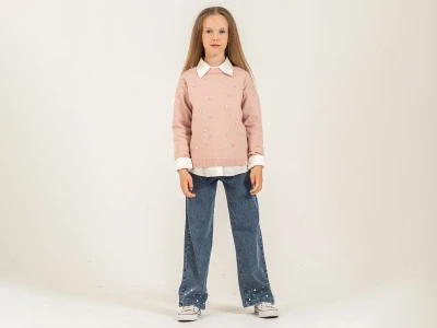 Toptan PAMPAL KİDS İnci Detaylı Trikolu Üçlü Kız Takım - Toptan Çocuk Giyim Beniz Kids