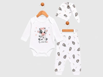 Toptan SÜPERMİNİ İnek Baskılı 3'lü Kız Bebek Takım - Toptan Çocuk Giyim Beniz Kids