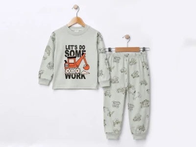 Toptan SÜPERMİNİ İş Makinası Baskılı Erkek Bebek Pijama Takımı YEŞİL - Beniz Bebe