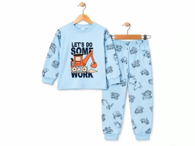 Toptan SÜPERMİNİ İş Makinası Baskılı Erkek Bebek Pijama Takımı MAVİ - Beniz Bebe