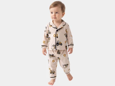 Toptan DOLAŞ İş Makinası Baskılı Erkek Bebek Pijama Takımı BEJ - Beniz Bebe