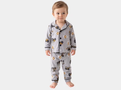 Toptan DOLAŞ İş Makinası Baskılı Erkek Bebek Pijama Takımı GRİ - Beniz Bebe
