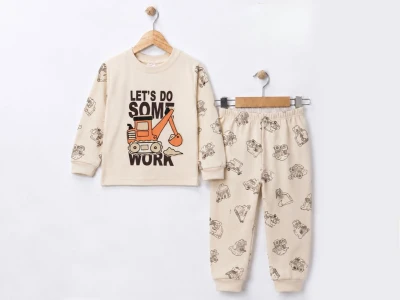 Toptan SÜPERMİNİ İş Makinası Baskılı Erkek Çocuk Takımı Beige - Beniz Bebe