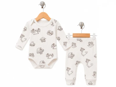 Toptan SÜPERMİNİ  İş Makinesi Desenli Erkek Bebe Takım  KAHVERENGİ - Beniz Bebe