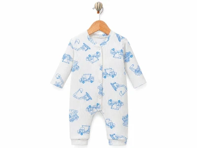 Toptan SÜPERMİNİ  İş Makinesi Desenli Erkek Bebe Tulum AÇIKMAVİ - Beniz Bebe