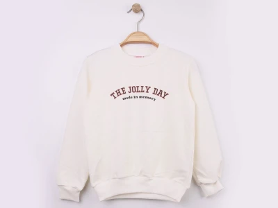Toptan WENGE KİDS Jolly Baskılı Kız Sweat  BEYAZ - Beniz Bebe