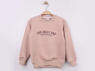 Toptan WENGE KİDS Jolly Baskılı Kız Sweat  BEJ - Beniz Bebe
