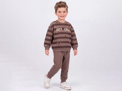 Toptan FEELY KİDS Jutt Chill Baskılı Kedi Desenli 3 İp Şardonlu Erkek Takım  - Toptan Çocuk Giyim Beniz Kids