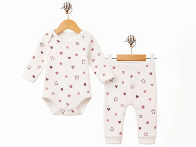 Toptan SÜPERMİNİ  Kalp Desenli Kız Bebe Takım - Toptan Çocuk Giyim Beniz Kids