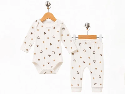 Toptan SÜPERMİNİ  Kalp Desenli Kız Bebe Takım KAHVERENGİ - Beniz Bebe