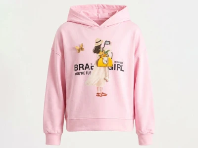 Toptan ÖZ BEBE Kelebek Nakışlı Taş Detaylı Kız Sweat  PEMBE - Beniz Bebe