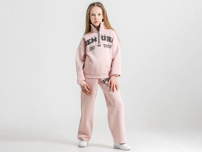 Toptan PAMPAL KİDS Demure Baskılı Fermuar Detaylı 3 İp Şardonlu Kız Takım  Pink - Beniz Bebe