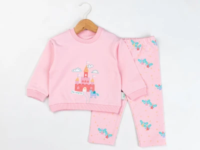 Toptan COMİX Kale Baskılı Peri Desenli Kız Bebe Takım  PEMBE - Beniz Bebe