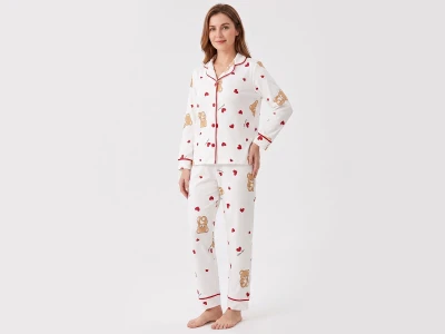 Toptan DOLAŞ Kalp & Ayıcık Desenli Kız Yetişkin Beden Pijama Takım  - Toptan Çocuk Giyim Beniz Kids