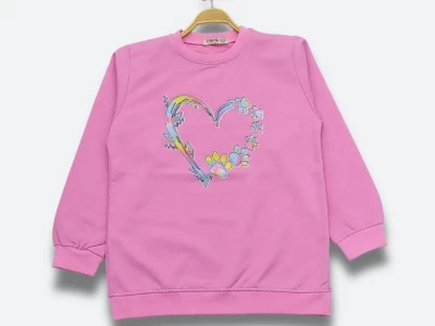 Toptan DIGIDIK KİDS Kalp Baskılı 2 İp Kız Sweat  PEMBE - Beniz Bebe