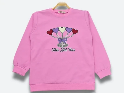 Toptan DIGIDIK KİDS Kalp Baskılı 2 İp Kız Sweat  PEMBE - Beniz Bebe