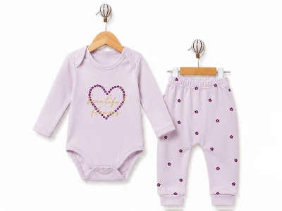 Toptan SÜPERMİNİ  Kalp Baskılı Çiçek Desenli Kız Bebe Takım  - Toptan Çocuk Giyim Beniz Kids