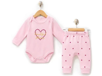 Toptan SÜPERMİNİ  Kalp Baskılı Çiçek Desenli Kız Bebe Takım  Pink - Beniz Bebe