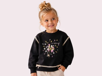 Toptan ROYA KİDS Kalp Baskılı Dantel İşlemeli Fiyonk Detaylı Kız Sweat  SİYAH - Beniz Bebe