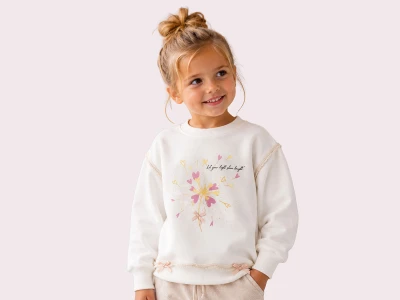 Toptan ROYA KİDS Kalp Baskılı Dantel İşlemeli Fiyonk Detaylı Kız Sweat  BEYAZ - Beniz Bebe