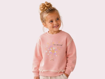 Toptan ROYA KİDS Kalp Baskılı Dantel İşlemeli Fiyonk Detaylı Kız Sweat  PEMBE - Beniz Bebe