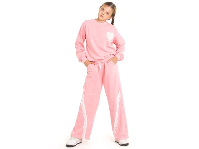 Toptan COOL KİDS Kalp Baskılı Dantel İşlemeli Kız Takım  PEMBE - Beniz Bebe