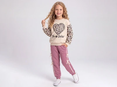 Toptan FEELY KİDS Kalp Baskılı Fiyonk Detaylı 3 İp Şardonlu Kız Takım  - Toptan Çocuk Giyim Beniz Kids