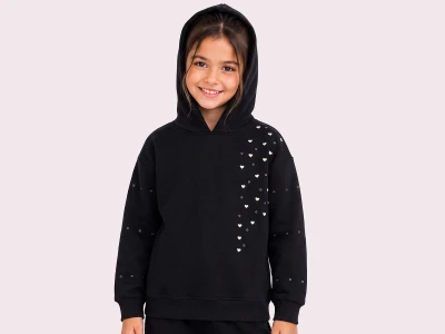 Toptan ROYA KİDS Kalp Baskılı Kapşonlu 3 İp Şardonlu Kız Sweat  SİYAH - Beniz Bebe