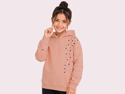 Toptan ROYA KİDS Kalp Baskılı Kapşonlu 3 İp Şardonlu Kız Sweat  BEJ - Beniz Bebe