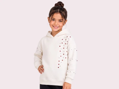 Toptan ROYA KİDS Kalp Baskılı Kapşonlu 3 İp Şardonlu Kız Sweat  BEYAZ - Beniz Bebe