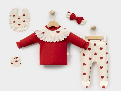 Toptan CAYZEN Kalp Baskılı Kız Bebe Yeni Doğan 5li Set - Toptan Çocuk Giyim Beniz Kids