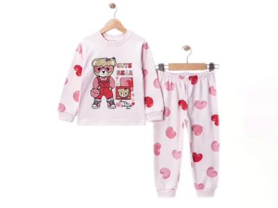 Toptan SÜPERMİNİ Kalp Baskılı Kız Çocuk Pijama Takımı - Toptan Çocuk Giyim Beniz Kids