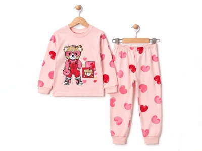 Toptan SÜPERMİNİ Kalp Baskılı Kız Çocuk Pijama Takımı PUDRA - Beniz Bebe
