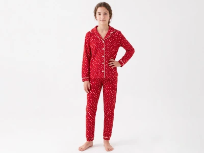 Kalp Desenli Yakalı Düğmeli Kız Pijama Takım