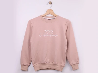 Toptan WENGE KİDS Kalp Baskılı Kız Sweat  BEJ - Beniz Bebe