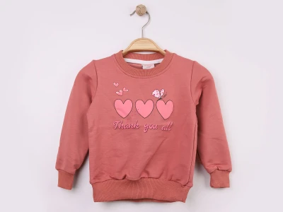 Toptan WENGE KİDS Kalp Baskılı Kız Sweat  GÜLKURUSU - Beniz Bebe