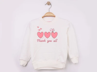 Toptan WENGE KİDS Kalp Baskılı Kız Sweat  BEYAZ - Beniz Bebe