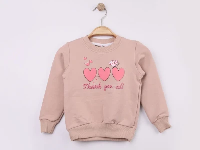 Toptan WENGE KİDS Kalp Baskılı Kız Sweat  BEJ - Beniz Bebe
