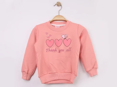 Toptan WENGE KİDS Kalp Baskılı Kız Sweat  PEMBE - Beniz Bebe