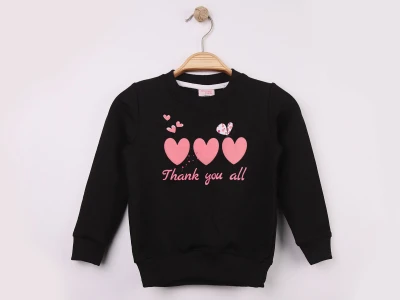 Toptan WENGE KİDS Kalp Baskılı Kız Sweat  SİYAH - Beniz Bebe