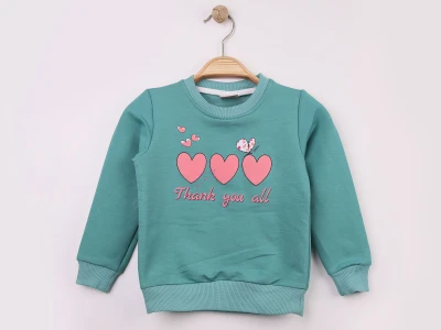 Toptan WENGE KİDS Kalp Baskılı Kız Sweat  SUYEŞİLİ - Beniz Bebe