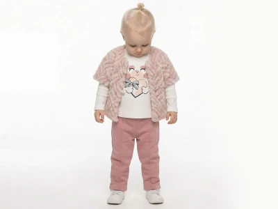 Toptan ELCİ BABY Kalp Baskılı Peluş Yelekli Kız Bebe Üçlü Takım  - Toptan Çocuk Giyim Beniz Kids