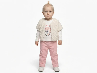 Toptan ELCİ BABY Kalp Baskılı Peluş Yelekli Kız Bebe Üçlü Takım  BEYAZ - Beniz Bebe