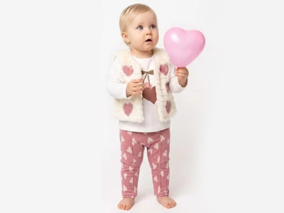 Toptan ELCİ BABY Kalp Baskılı Peluş Yelekli Kız Bebek Üçlü Takım  - Toptan Çocuk Giyim Beniz Kids