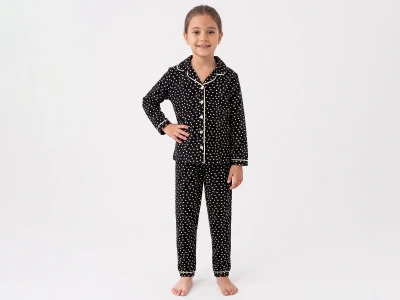 Kalp Desenli Yakalı Düğmeli Kız Pijama Takım 