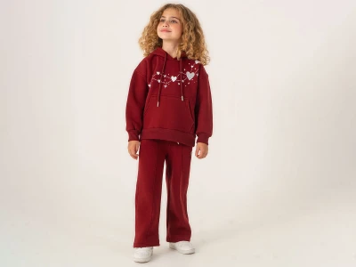 Toptan LUMİİ Kalp Baskılı Şapkalı Kanguru Cepli 3 İp Şardonlu Kız Takım Burgundy - Beniz Bebe
