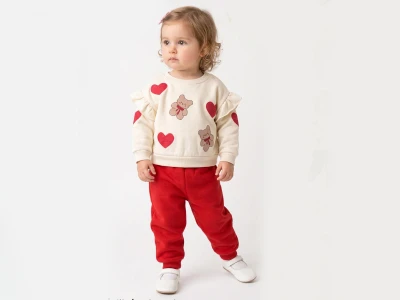 Toptan VOVİDO Kalp Baskılı Şardonlu 3 İp Kız Takım - Toptan Çocuk Giyim Beniz Kids