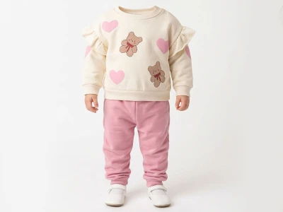 Toptan VOVİDO Kalp Baskılı Şardonlu 3 İp Kız Takım PEMBE - Beniz Bebe
